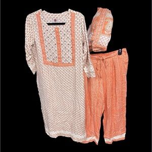 Nehamta women’s size XL kurta pant suit set orange beaded crochet lace trim New